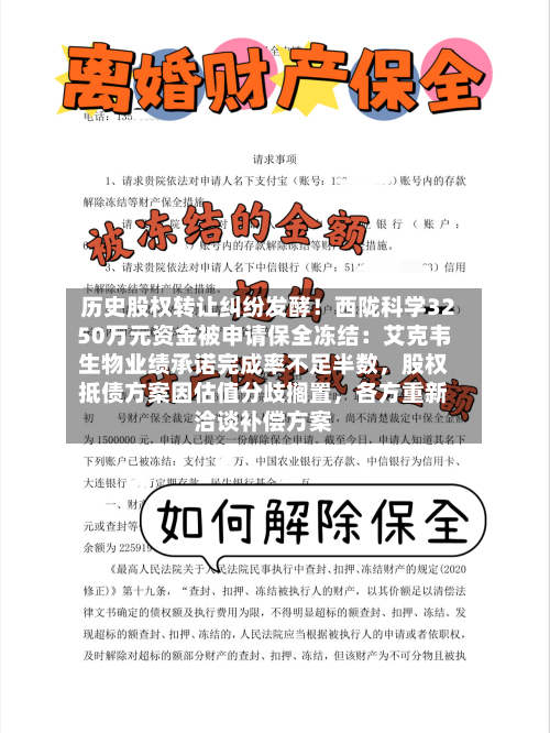 历史股权转让纠纷发酵！西陇科学3250万元资金被申请保全冻结：艾克韦生物业绩承诺完成率不足半数，股权抵债方案因估值分歧搁置，各方重新洽谈补偿方案