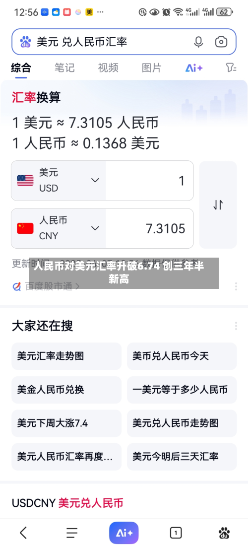人民币对美元汇率升破6.74 创三年半新高