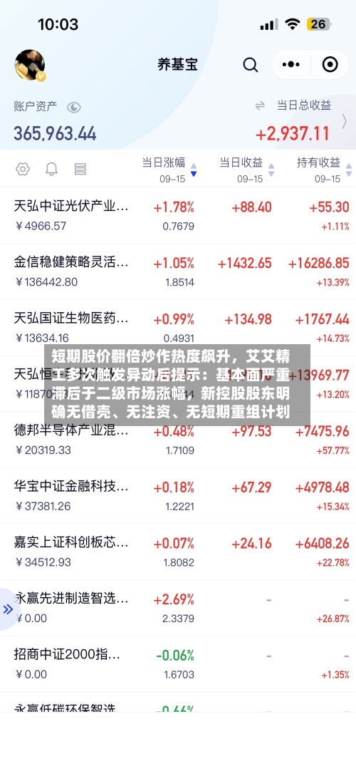 短期股价翻倍炒作热度飙升，艾艾精工多次触发异动后提示：基本面严重滞后于二级市场涨幅，新控股股东明确无借壳、无注资、无短期重组计划-第2张图片