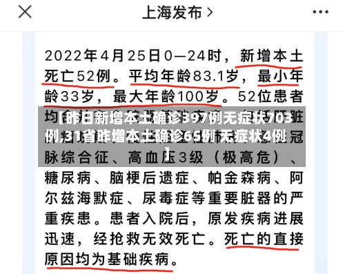 【昨日新增本土确诊397例无症状703例,31省昨增本土确诊65例 无症状4例】