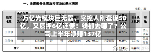 万亿光模块巨无霸，实控人刚套现50亿，又质押6亿还债！钱都去哪了？公司上半年净赚137亿