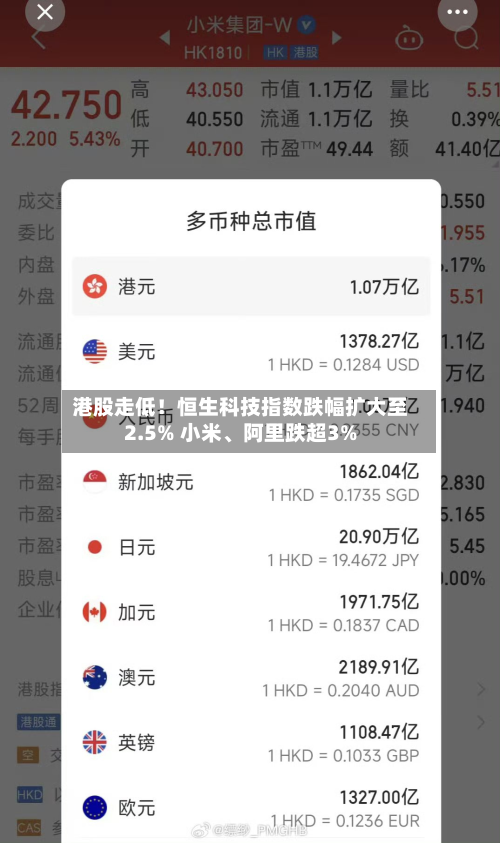 港股走低！恒生科技指数跌幅扩大至2.5% 小米	、阿里跌超3%-第1张图片