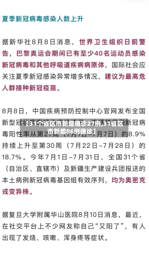 【31个省区市新增确诊27例,31省区市新增86例确诊】