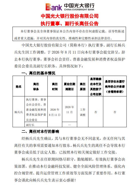 光大银行：执行董事	、副行长杨兵兵因工作调整离任