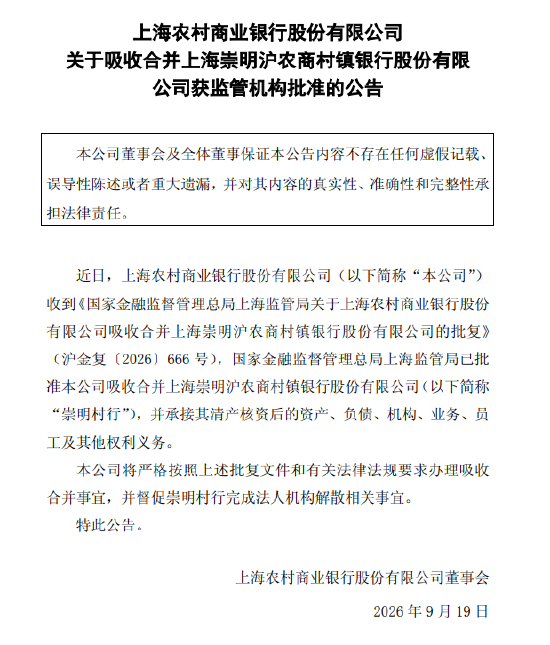 沪农商行：吸收合并崇明沪农商村镇银行获监管机构批准