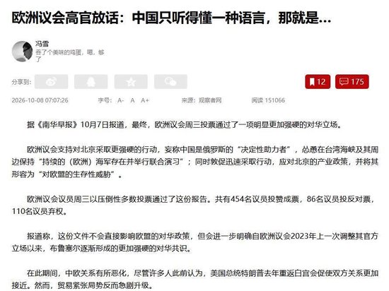 欧洲对华投票一边倒，反华报告通过	，欧盟：中国只懂实力语言